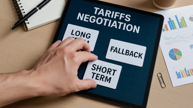 Tariffs negotiation digital tablet with hand selecting short term, long term, and fallback options for strategic business planning and decision making