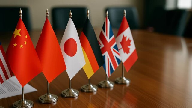 International flags negotiation tariffs diplomacy global trade meeting cooperation business economic policy partnership discussion conference wooden