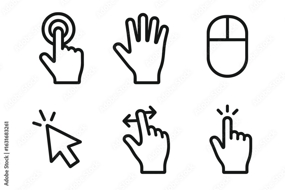 Poster minimalist icon set featuring hand gestures and computer mouse symbols