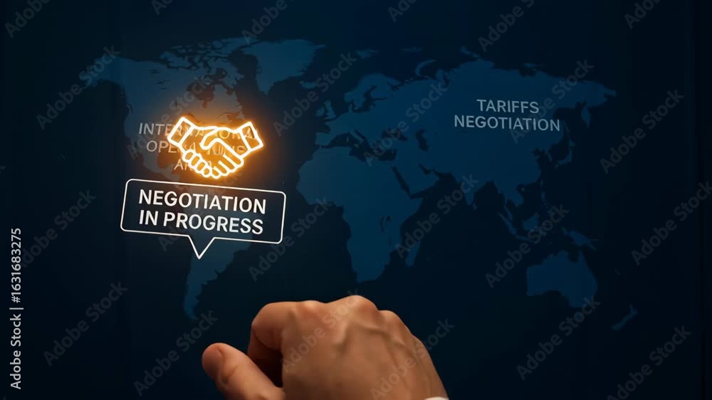 Poster negotiation progress with handshake and tariffs on world map background symbolizing international bu