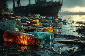 A plastic bottle lies among other debris on a polluted beach. An abandoned shipwreck is visible in the background, adding to the scene of neglect.
