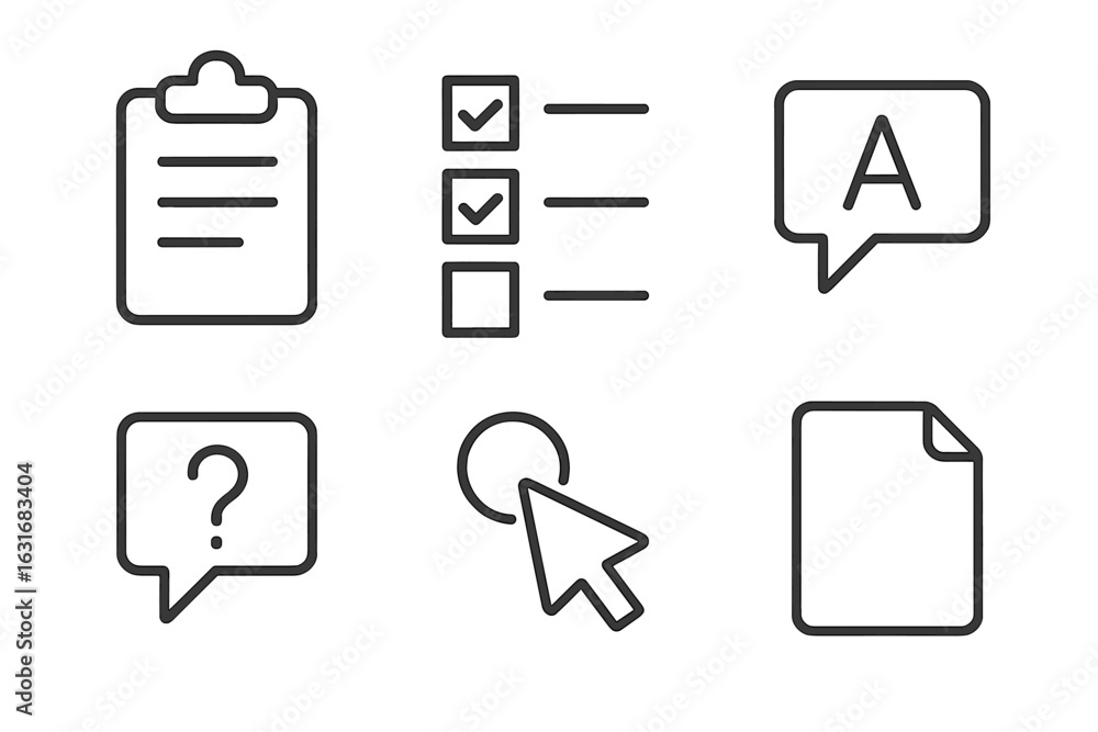 Poster simple black line icons for tasks, questions, and text elements