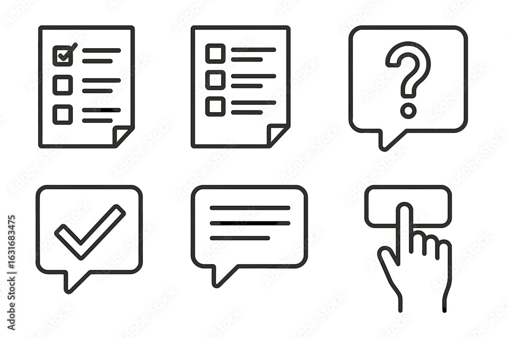 Poster checklist icons set with speech bubbles and hand clicking button