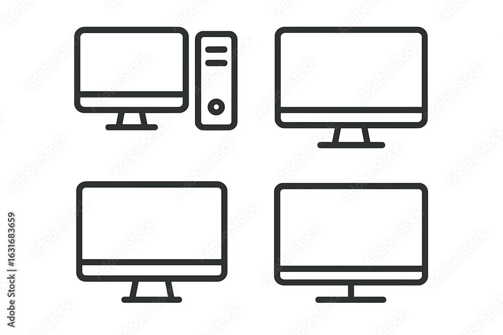 Poster minimalist computer and monitor icon set in black and white