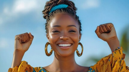 Woman with a joyful smile and raised fists, useful for motivational posts and positive lifestyle ads.