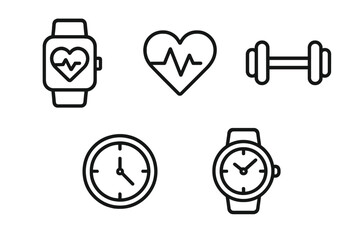 Fitness icons: smartwatch heartbeat, heart rate, dumbbell, clock, analog watch