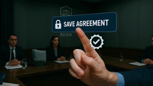 Secure negotiation meeting with business people formal suit focusing tariffs and agreement, hand pressing virtual button for successful negotiation