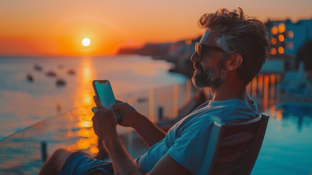 Man looking at sunset by water, useful for travel blogs and vacation advertising.