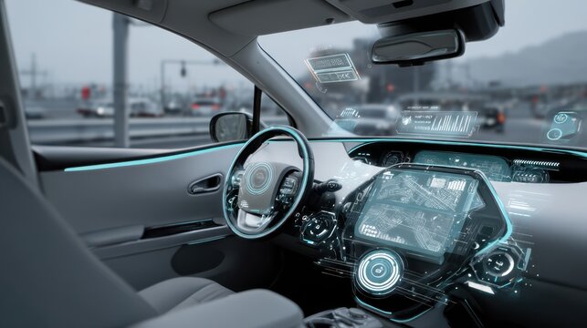 A modern vehicle dashboard features a sleek digital interface and advanced technology while stopped amidst urban traffic. The futuristic design highlights smart functionalities and navigation tools