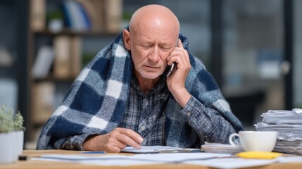 A senior man, feeling cold, is wrapped in a warm blanket while making a phone call. He sits at a cluttered desk filled with papers and a cup of coffee, focused on his conversation