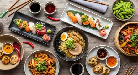 A vibrant assortment of Asian dishes beautifully presented on a rustic wooden table, perfect for food blogs, restaurant menus, or culinary-themed content.