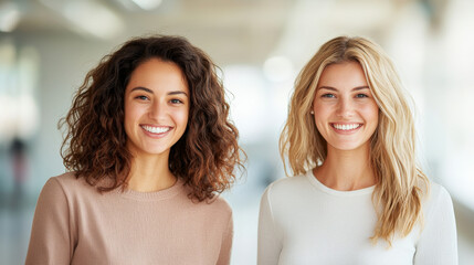 Two smiling women standing indoors in bright, modern setting, showcasing natural beauty and casual style. atmosphere is warm and friendly, reflecting positivity and confidence
