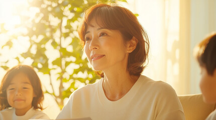 Serene moment of woman sitting indoors, bathed in warm sunlight, with children nearby. scene conveys sense of family, warmth, and togetherness, with natural and peaceful ambiance
