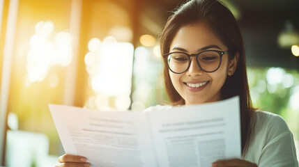 Young woman wearing glasses is smiling while reading documents bright, modern workspace. sunlight streaming through window creates warm and focused atmosphere, symbolizing productivity