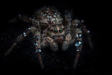 Close-up Macro Shot of a Tiny Jumping Spider Covered in Water Droplets on a Dark Background