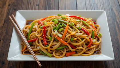 Colorful Chinese Hakka Noodles Stir-Fried with Bell Peppers, Cabbage, and Soy Sauce Served on White Plate