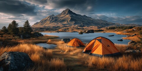 A serene camping scene with a tent set up by a lake, surrounded by mountains. The sky is overcast, creating a calm and peaceful atmosphere. Wild tourism, trip in nature concept.