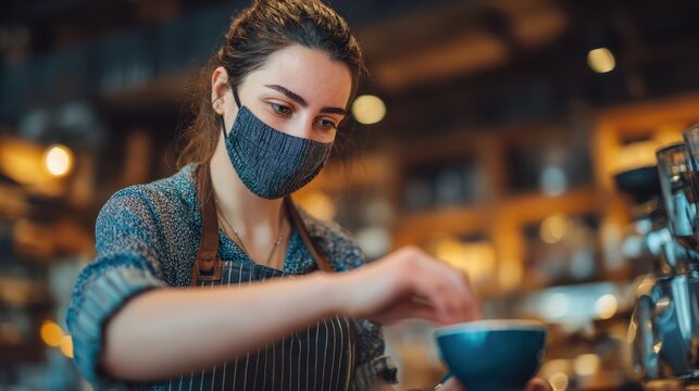 A skilled barista focuses on brewing a perfect cup of coffee, dressed in an apron and mask, surrounded by various coffee tools in a welcoming cafe atmosphere