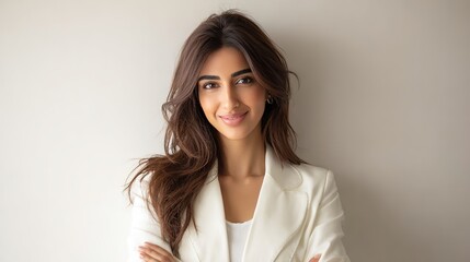 Confident young Arab businesswoman in professional attire, smiling against a soft white backdrop.