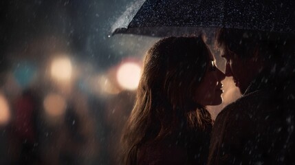 Romantic couple sharing an umbrella in the rain under moody city lighting