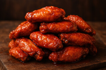 Spicy Chicken Wings Stacked on Wooden Board