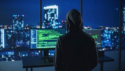 Hooded Figure Hacking into System with City View at Night