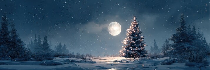 Snowy winter night with full moon shining on decorated pine tree in a serene landscape