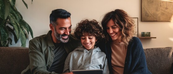 The joyful family enjoying quality time together while using a tablet at home.