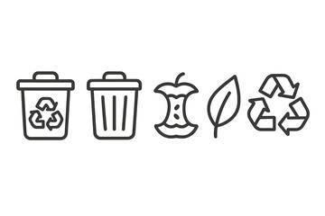 Recycling and waste management icon set with bin, apple core, leaf, and symbol