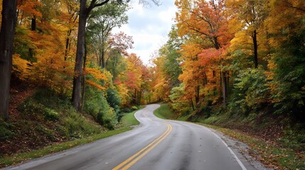 Naklejka premium Winding road through colorful autumn forest with wet pavement. Best Weekend Drives for Leaf Peeping, concept of scenic seasonal travel