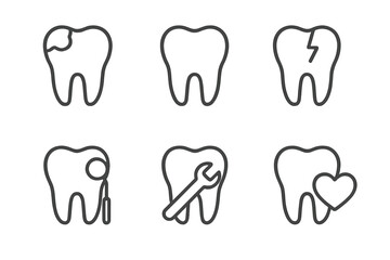 Vector dental icons: tooth decay, cracked tooth, dental checkup, repair, oral health care