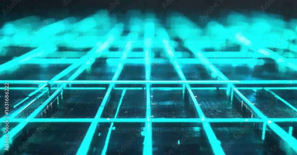 Poster bright cyan grid extends into darkness. futuristic aesthetic, digital lines create abstract pattern.