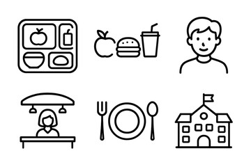 Black and white school lunch icons set featuring food and students