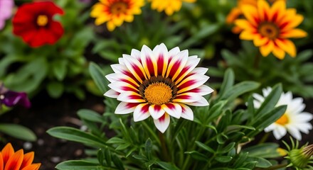 Vibrant multicolored flower in a garden setting.