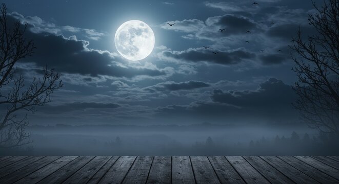 Luminous Full Moon over a Misty Forest, Viewed from a Weathered Wooden Deck