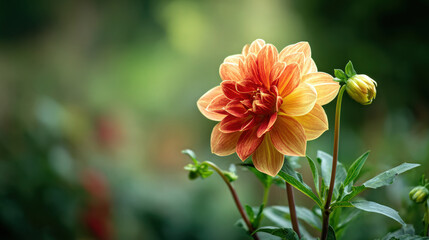 Close-up of a vibrant orange dahlia blooming in a backyard garden setting.