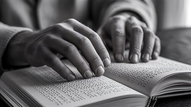 Person reading braille book with fingers hands