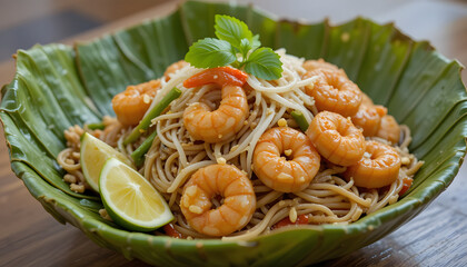 Traditional Thai Pad Thai Noodles with Shrimp, Crushed Peanuts, Bean Sprouts, and Lime in Banana Leaf Bowl