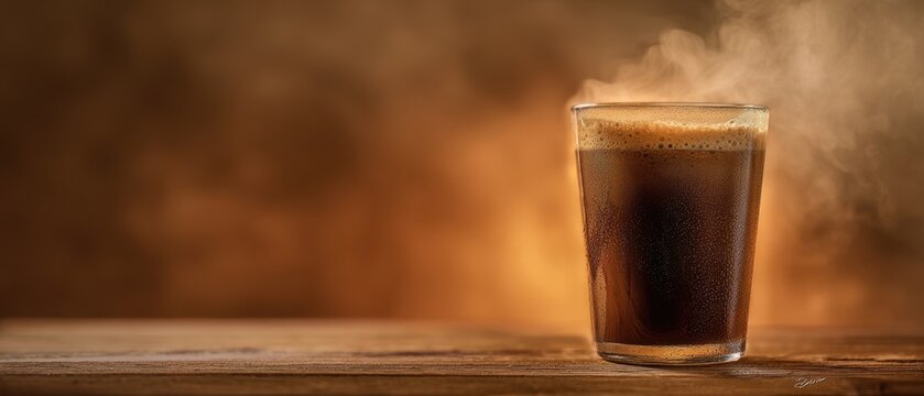 The aromatic coffee steaming in a glass on a rustic wooden table. - Powered by Adobe