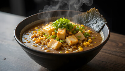 Minimalist Japanese Miso Ramen with Tofu, Sweet Corn, Wakame, and Scallions in Steaming Ceramic Bowl