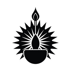 Diwali vector art of black silhouette of a traditional indian diya lamp with a flame, isolated