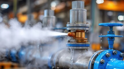 Steam escapes from a pressurized water pipe in a manufacturing facility. The image captures the blue pipe fittings and the ongoing mechanical maintenance happening in the background