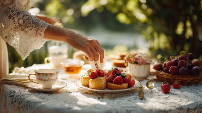 A delightful garden tea party with fresh fruit and delicious pastries on a rustic table.