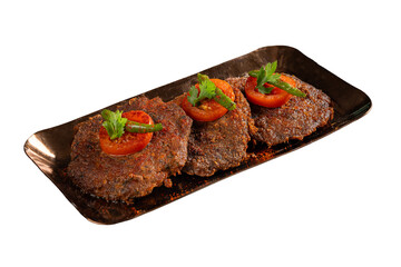 Mutton Chapli Kebab Beautifully Plated with Tomato Slices and Green Chilli on a Transparent PNG Background