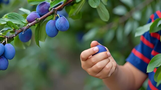 Ripe blue plum fruit hanging tree branch with green leaf and hand gently holding and touching ripe fruit natural outdoor garden