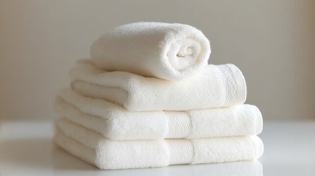 Stack of soft white towels neatly folded and rolled on a white surface against a neutral background