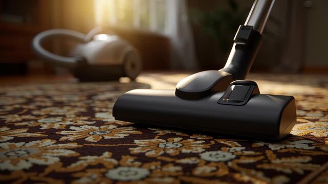 Vacuum cleaner patterned carpet with sunlight creating warm cleaning atmosphere for cozy home environment and spotless carpet care