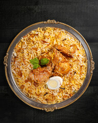 Hyderabadi Chicken Dum Biryani Beautifully Plated with Mint and Saffron - Top View Picture