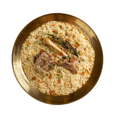 Traditional Middle Eastern Mutton Mandi Beautifully Plated with Dry Fruits and Burnt Chilli - Top View Picture on a Transparent PNG Background