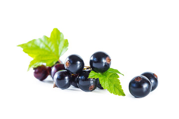 Ripe blackcurrant berries with leaves isolated on white.